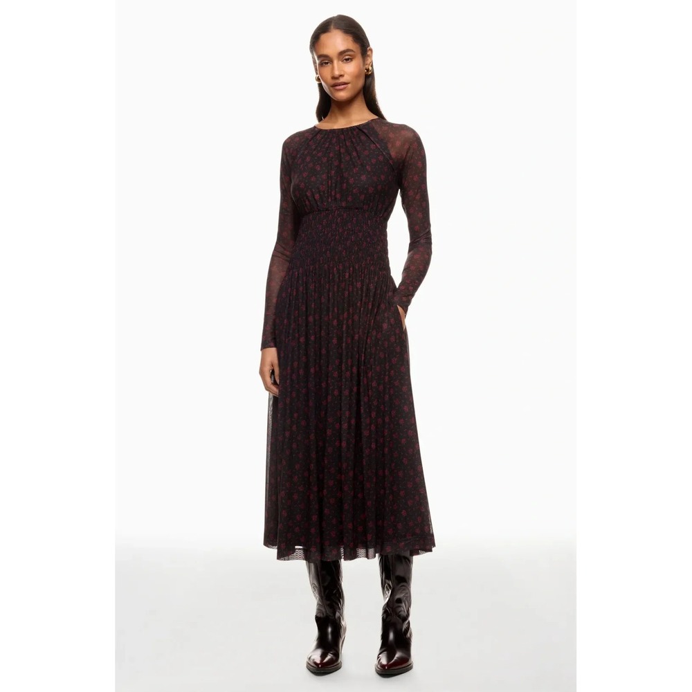 Madewell Dress Womens Small Black Floral Mesh Smocked Long Sleeve Midi Fit Flare